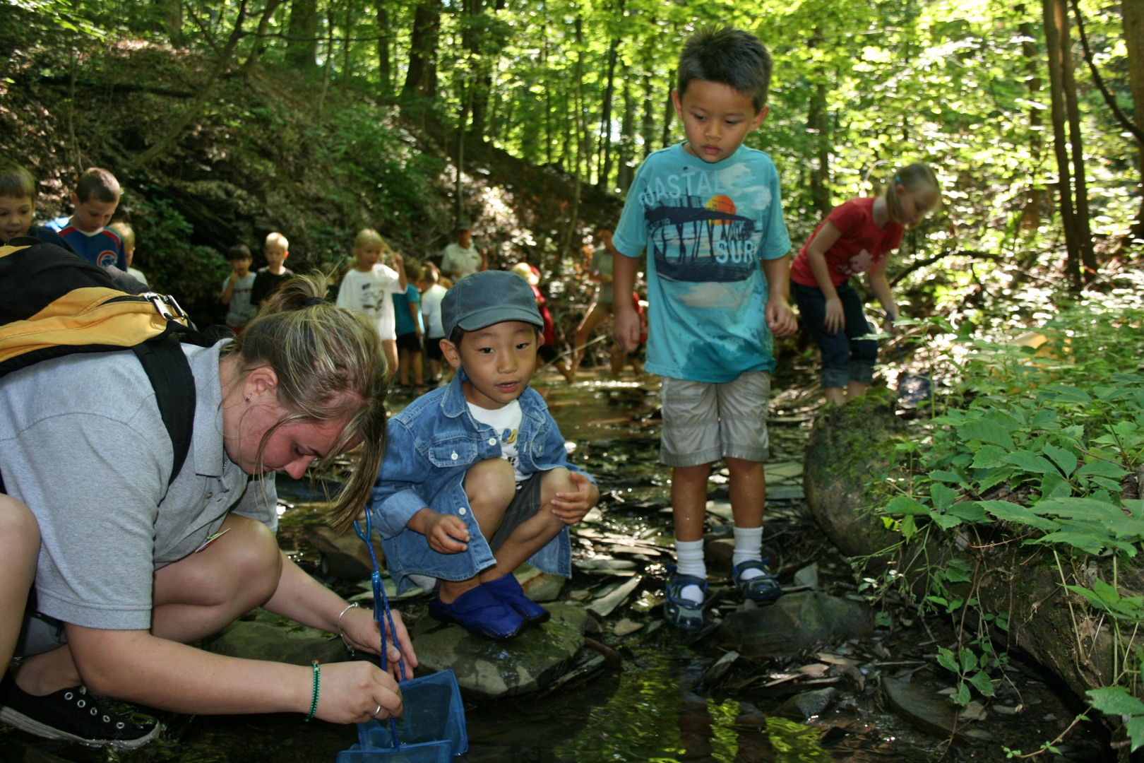 Camp counselor and campers search for critters in a ravine at Highbanks.